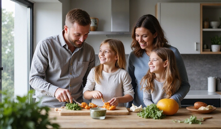 Familia feliz cocinando juntos en una cocina moderna