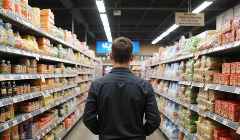 Hombre confundido leyendo etiquetas de alimentos en un supermercado
