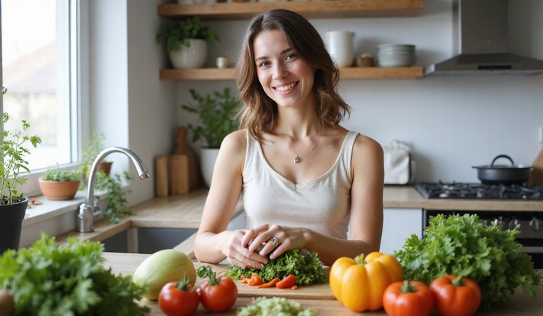Mujer sonriendo mientras prepara una ensalada fresca