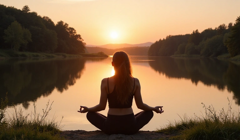 Mujer meditando en un entorno natural al amanecer