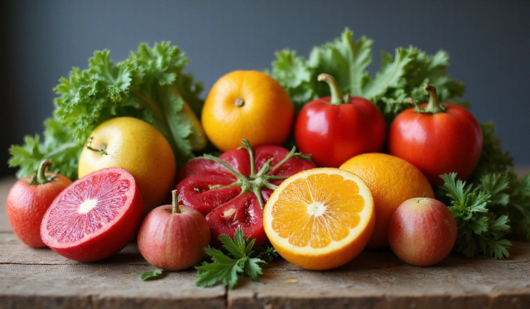 Variedad de frutas y verduras coloridas en una mesa de madera