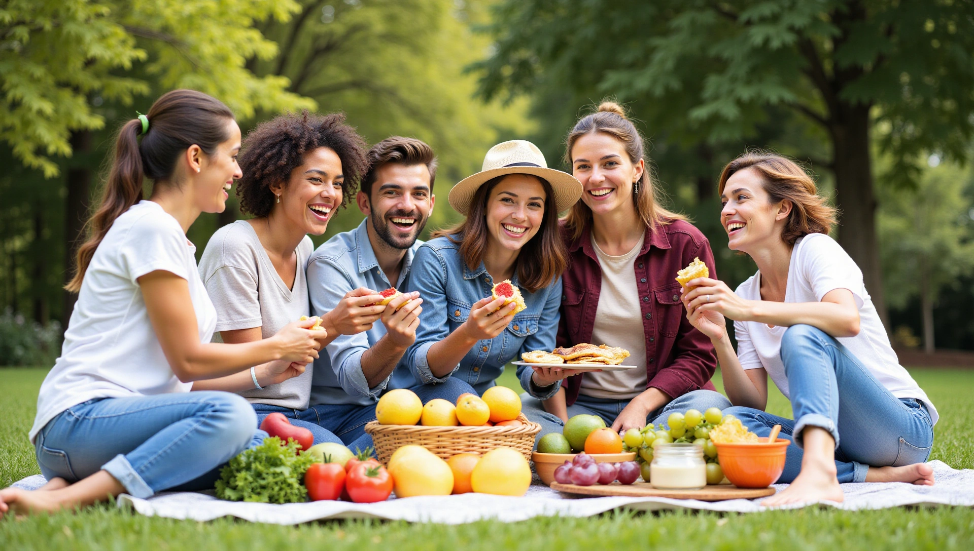 Personas felices disfrutando de alimentos frescos y saludables en un entorno natural.