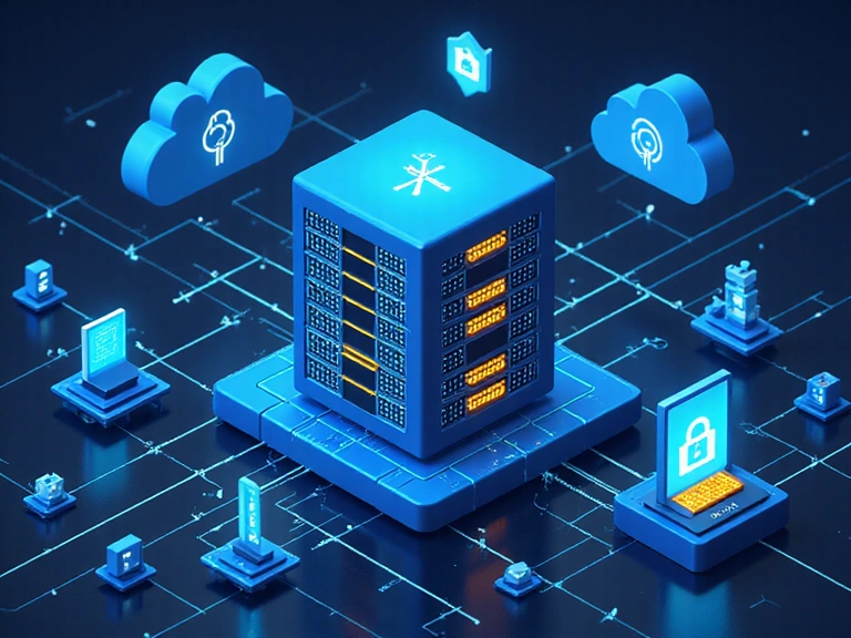 Ilustración de un centro de datos seguro con firewalls y protección