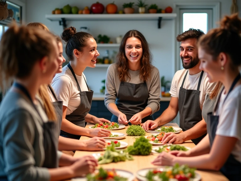 Grupo de personas participando activamente en un taller de cocina saludable, riendo y aprendiendo de un instructor