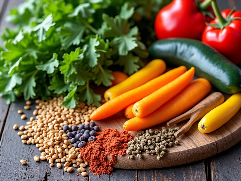 Mesa de cocina con ingredientes frescos y coloridos como verduras, frutas, granos y especias, listos para la preparación de comidas saludables