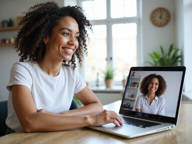 Mujer joven sonriendo mientras consulta con una nutricionista de forma remota en su laptop
