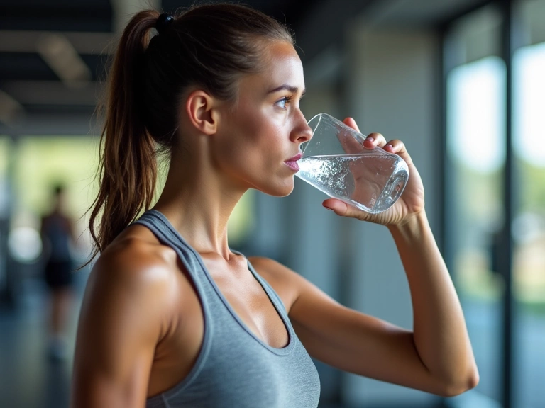 Persona atlética bebiendo agua después de un entrenamiento intenso, con un fondo borroso de un gimnasio moderno