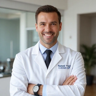 Fotografía profesional del nutricionista principal, sonriendo amistosamente.