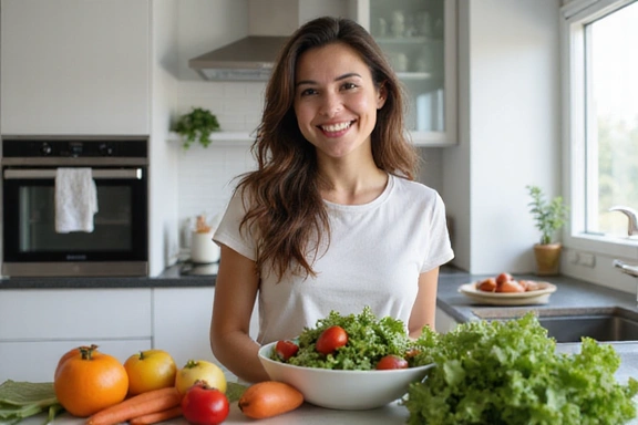 Mujer sonriendo mientras prepara una ensalada saludable en una cocina moderna.